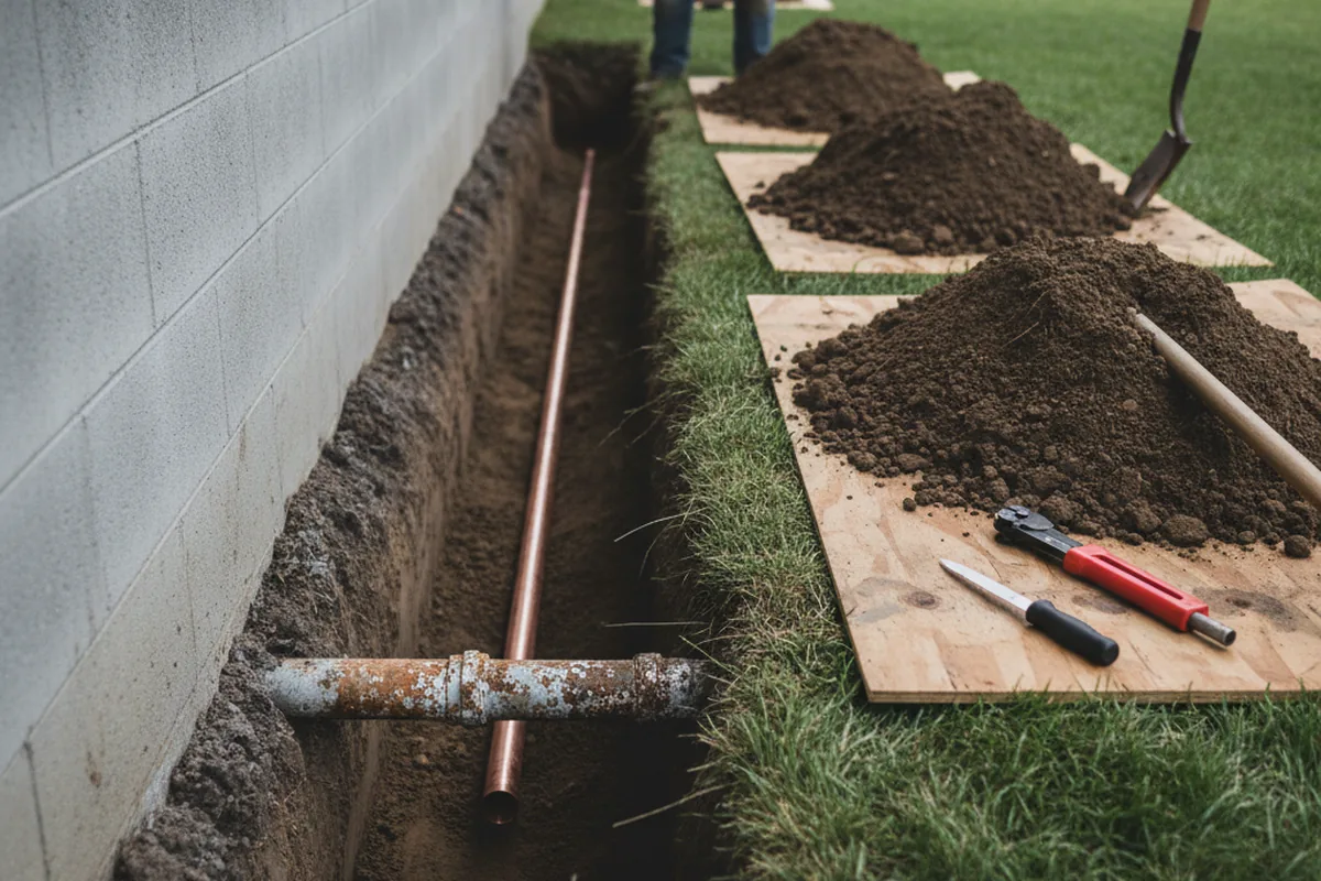 Excavated water line trench during Sewer Line Repair in Upsala